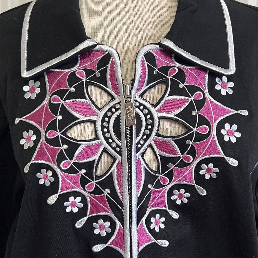 Bob Mackie Wearable Art Black, Pink Floral Embroidered Retro Zip Jacket Size 3X - Picture 3 of 16